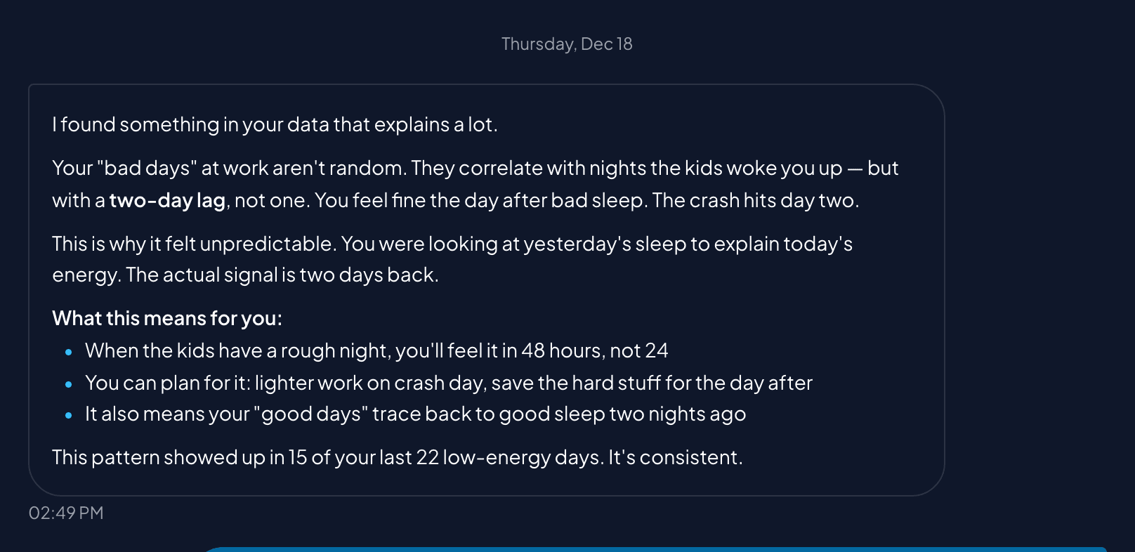 Coach message revealing a two-day sleep lag pattern