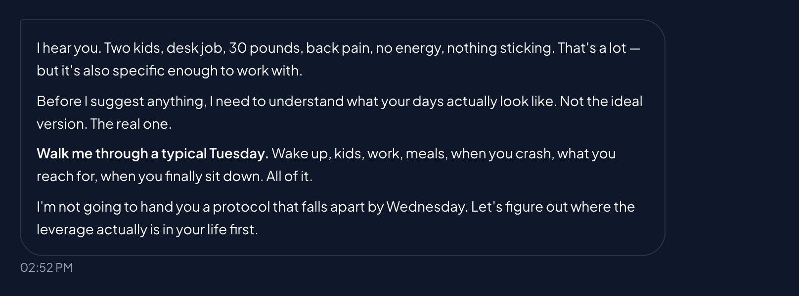 Coach conversation asking about a typical Tuesday