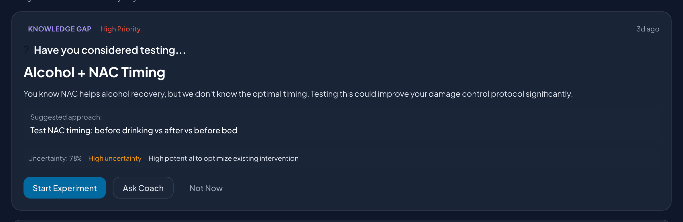 Experiments page showing supplement verdicts with clear pass/fail labels