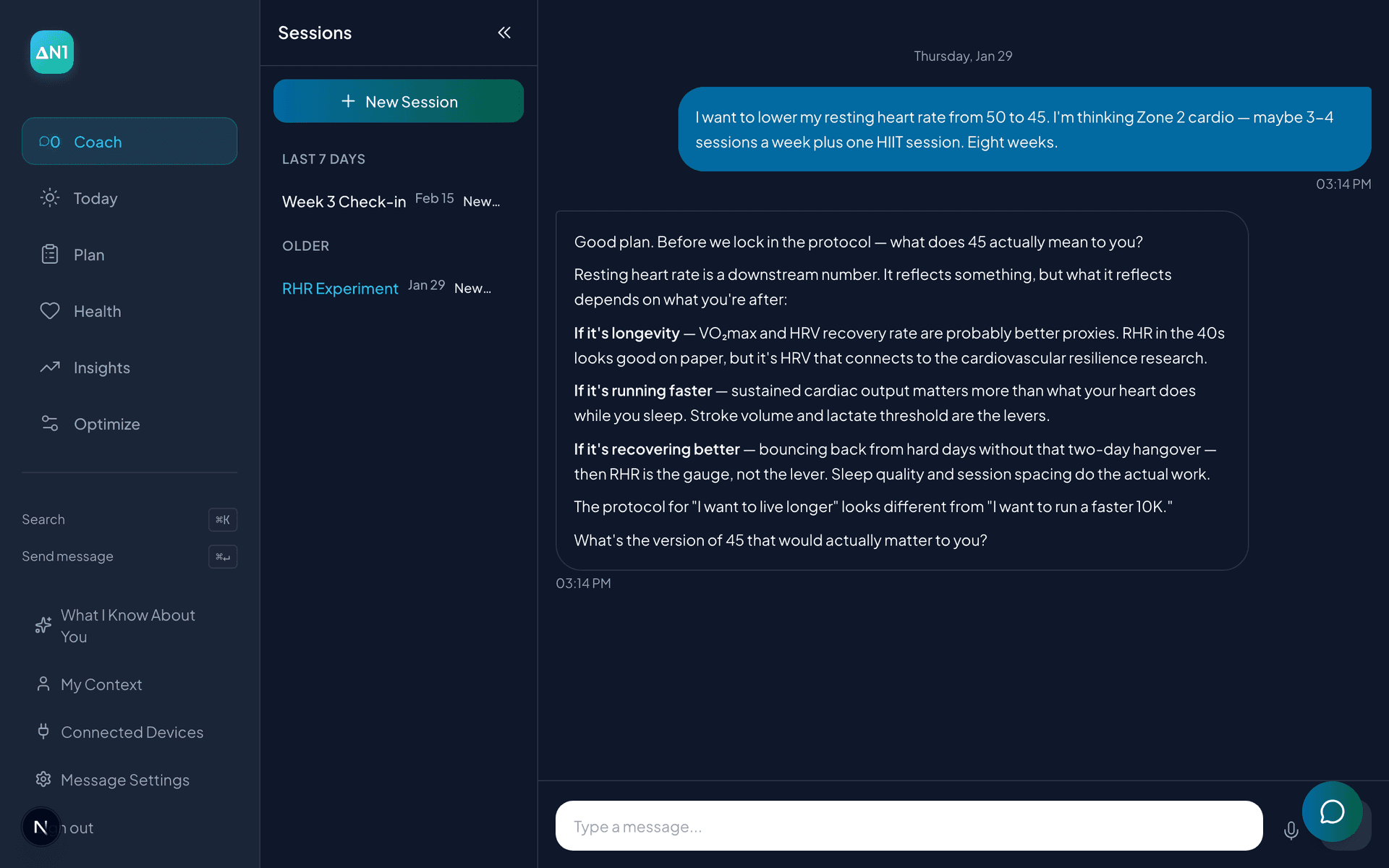 Coach conversation exploring what's behind the goal of lowering resting heart rate -- longevity, performance, or recovery.
